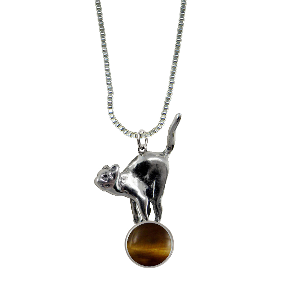 Sterling Silver Playful Kitty Cat About To Jump Pendant With Tiger Eye
